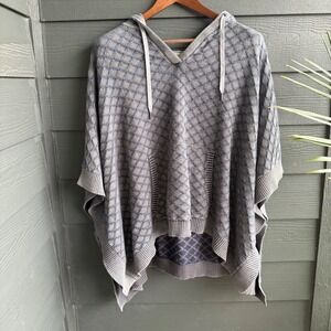 Carbon2Cobalt Cotton Hooded Poncho Sweater Women's L/XL Blue Gray Boho Knit